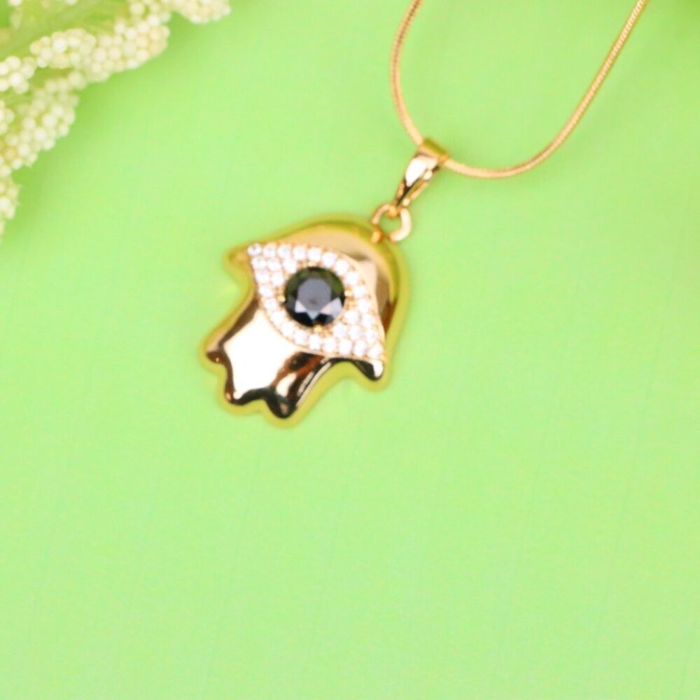 "Black Evil Eye Hamsa Pendant in Gold Plated Brass – Bold  Amulet, XPPT1756 - Picture 3 of 13